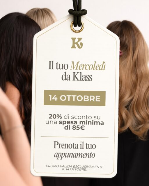 Un appuntamento da dedicare ai tuoi capelli, con un vantaggio in più ✨
Mercoledì 14 Ottobre ti aspettiamo da Klass Parrucchieri con il 20% di sconto su una spesa minima di 85€.
La promozione è valida solo per questa giornata.
📞 Prenota il tuo appuntamento al 392 245 1266
Ti aspettiamo in salone! 🤎
—
𝑲𝒍𝒂𝒔𝒔 𝑷𝒂𝒓𝒓𝒖𝒄𝒄𝒉𝒊𝒆𝒓𝒊
📍 Spoltore — Via Dante Alighieri, 39
📲 Whatasapp +39 392 245 1266
📞 085 496 2246
📩 infoklassparrucchieri@gmail.com